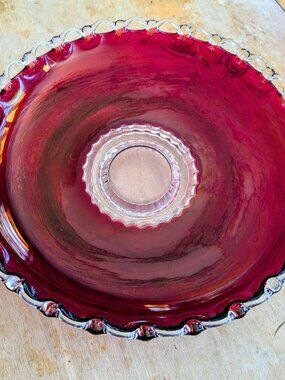 Vintage Indianna Ruby Red Glass Large Pedestal Bowl With Clear Latic Edges